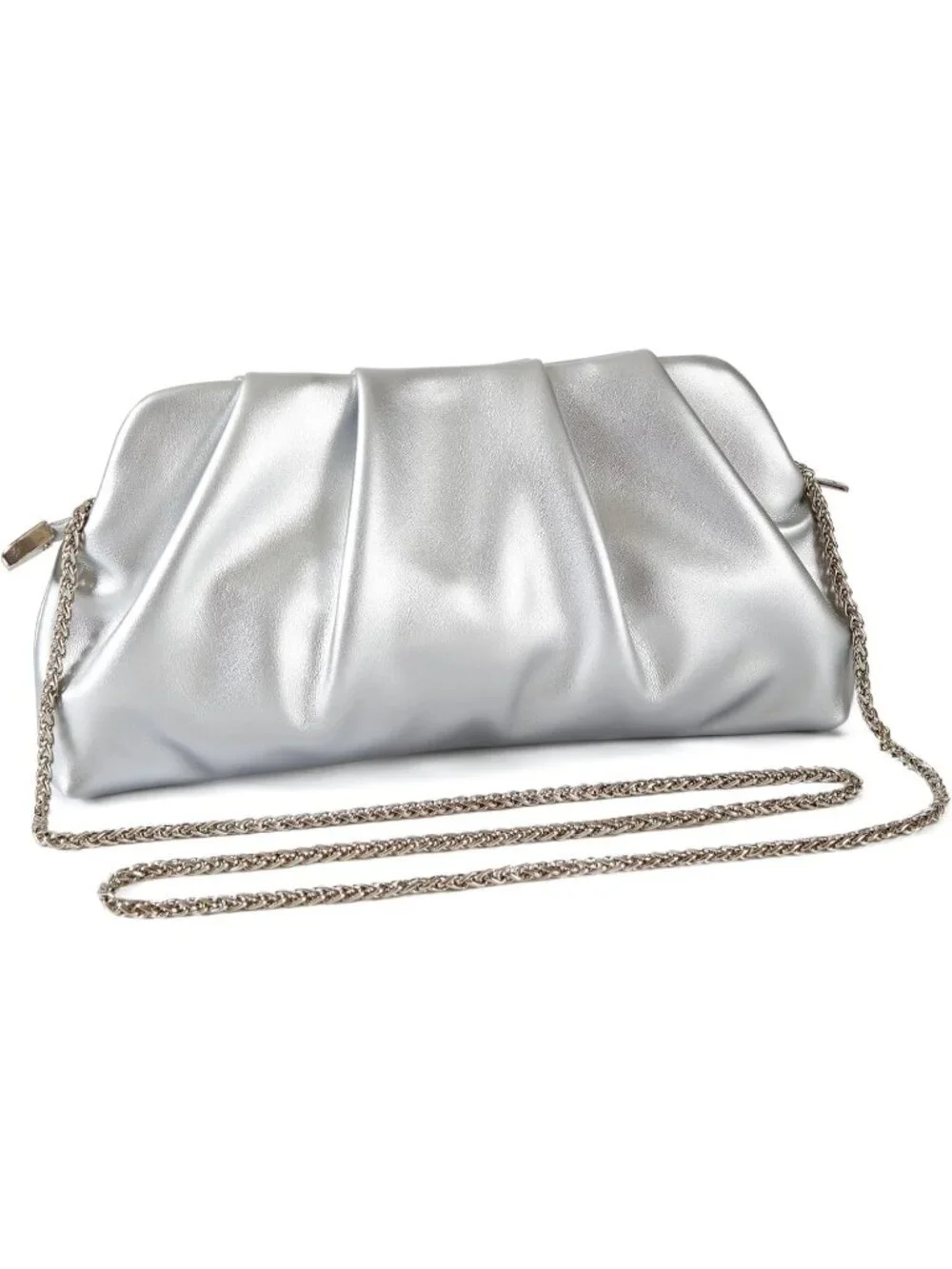 👜Women's Silver Leather Clutch Purse Detachable Metal Chain Crossbody Bag